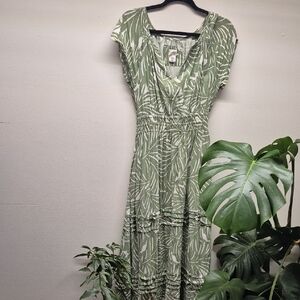 Tropical Green Leaf Print Midi Dress